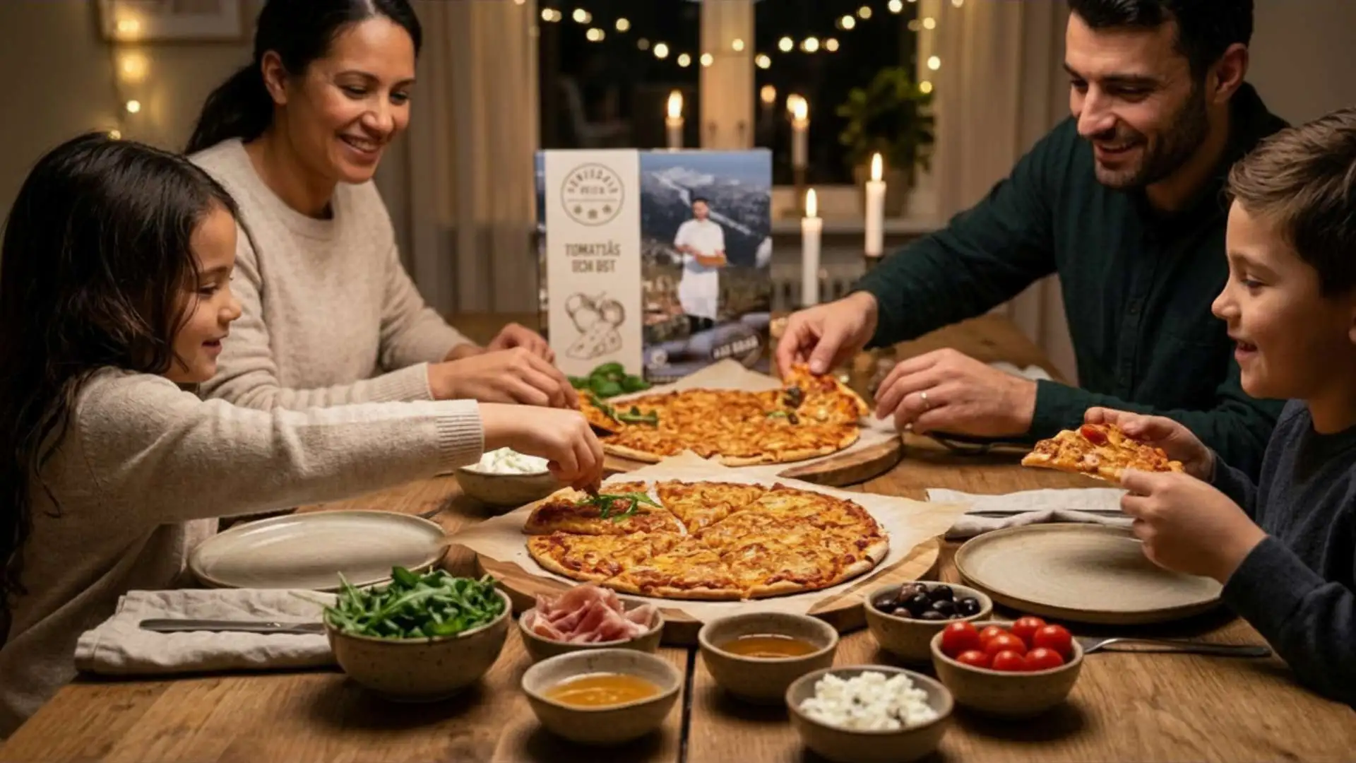 Uppskuren ost- och tomatpizza på en skärbräda omgiven av skålar med ruccola, prosciutto och chevre för en pizzabuffé hemma