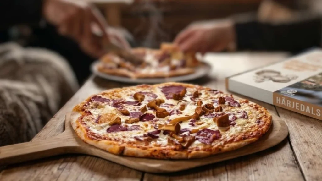 En lyxig fryspizza toppad med rökt älgkött och kantareller, serverad på en rustik träplanka