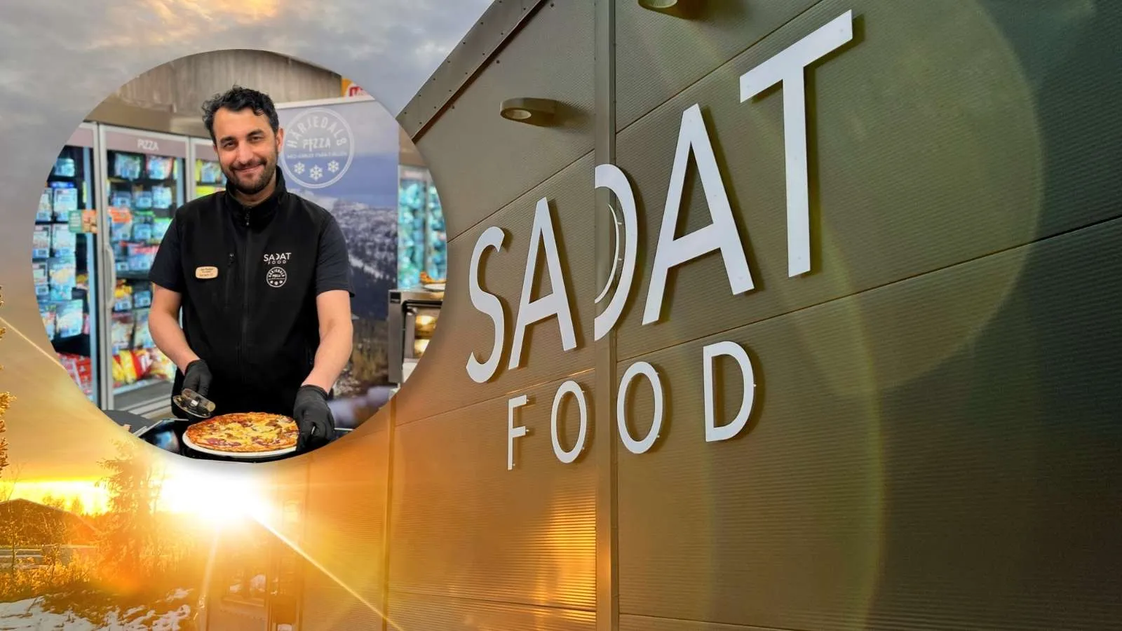 Härjedlapsizza pizzafabrik i solnedgång