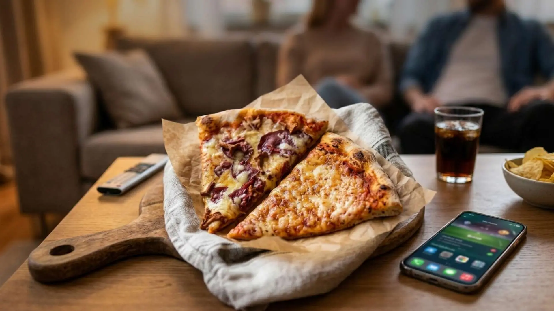 Två slicear med fryspizza, älgkött och kantareller samt tomatsås och ost på ett soffbord under en fotbollsmatch