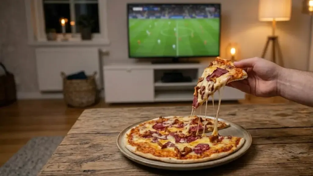Fryspizza med smält ost och rökt älgkött i soffan framför en fotbollsmatch