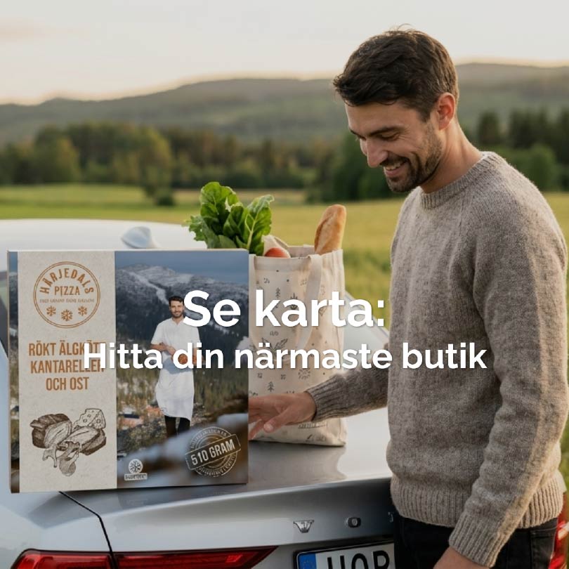 man står ute vid sin bil med en kartong Härjedalspizza